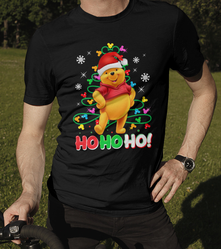 Winnie The Pooh Christmas Ho Ho Ho Santa Hat Snowflakes And Lights T-Shirt