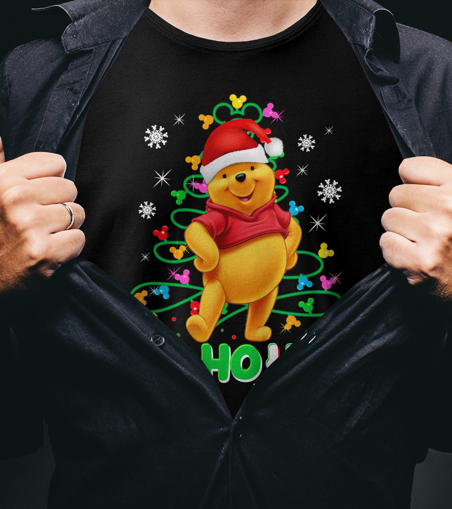 Winnie The Pooh Christmas Ho Ho Ho Santa Hat Snowflakes And Lights T-Shirt