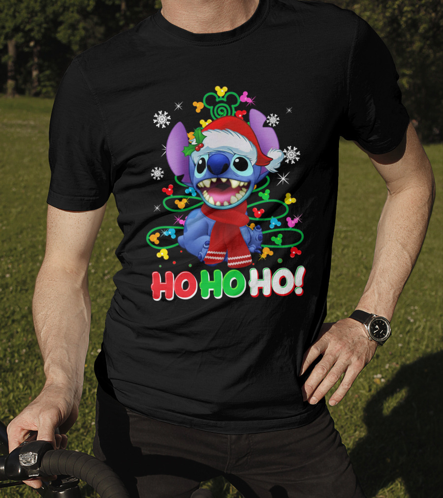 Stitch Christmas Ho Ho Ho Santa Hat Holiday Snowflakes Mickey Ears T-Shirt