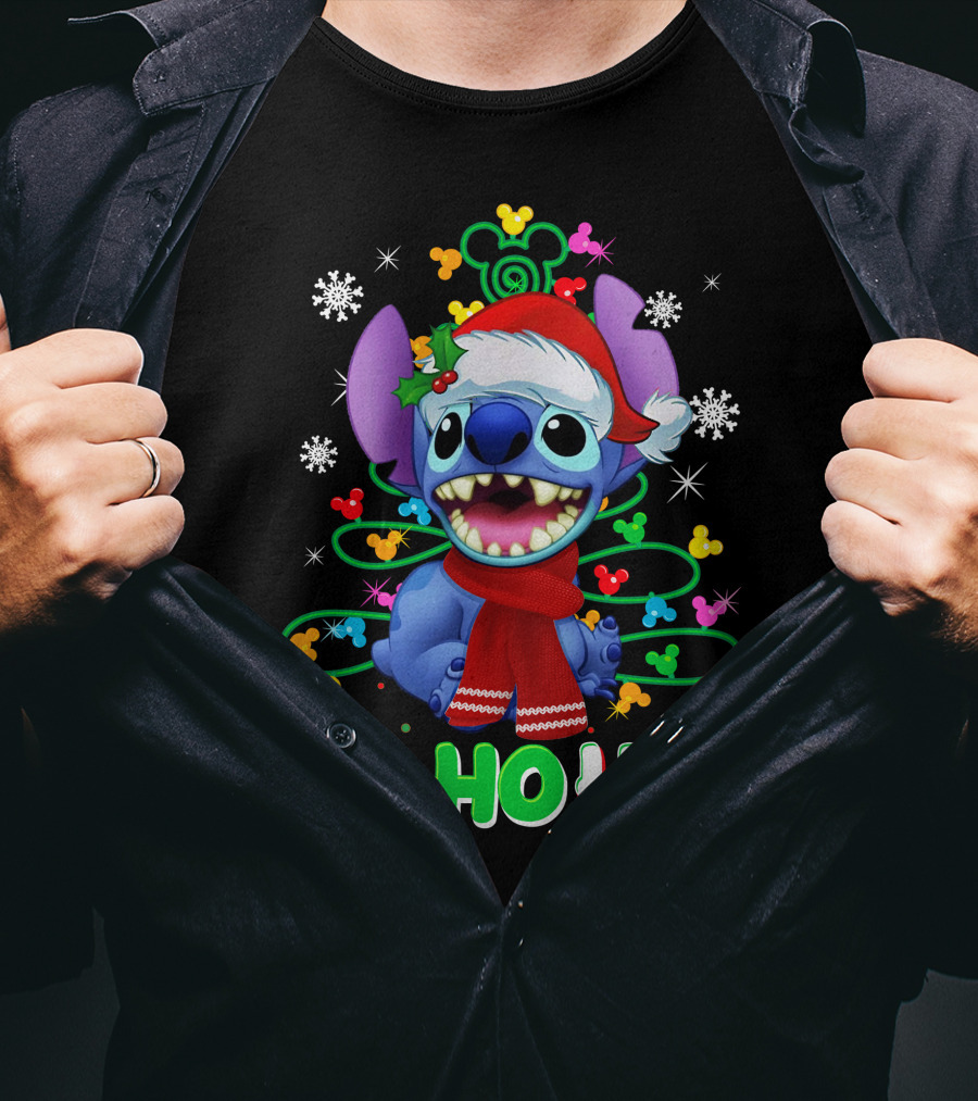 Stitch Christmas Ho Ho Ho Santa Hat Holiday Snowflakes Mickey Ears T-Shirt