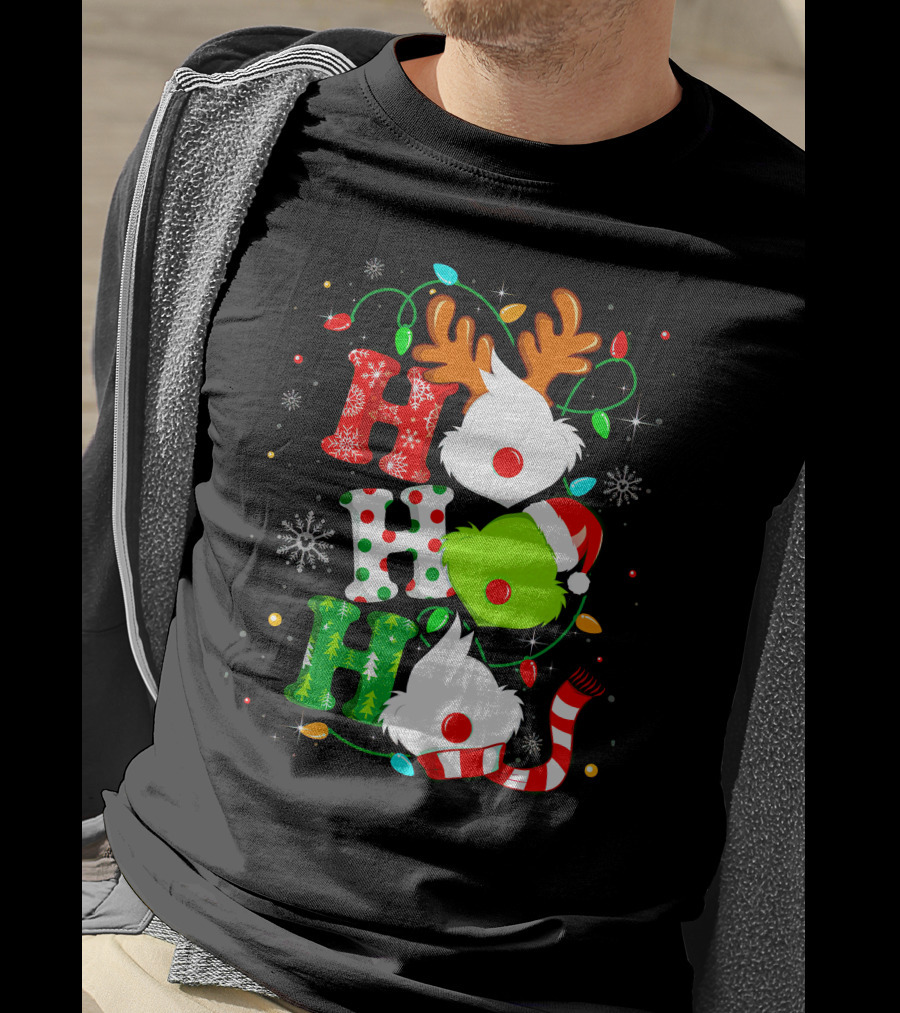 Ho Ho Ho Grinch Christmas Lights Reindeer Antlers Santa Hat Snowflakes T-Shirt