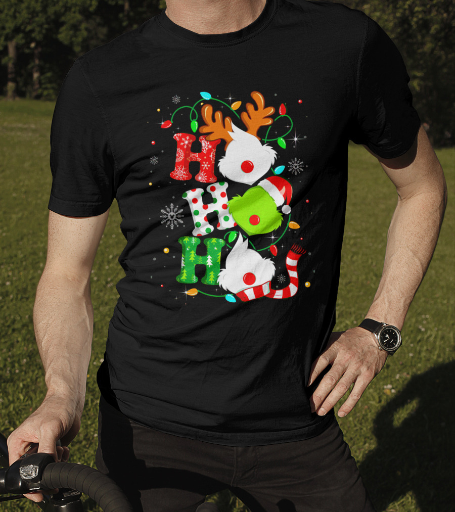 Ho Ho Ho Grinch Christmas Lights Reindeer Antlers Santa Hat Snowflakes T-Shirt
