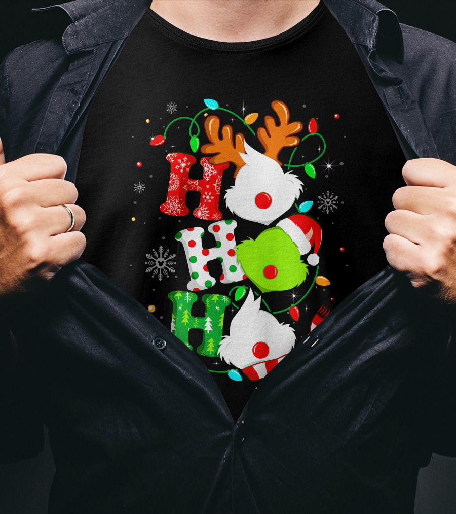 Ho Ho Ho Grinch Christmas Lights Reindeer Antlers Santa Hat Snowflakes T-Shirt