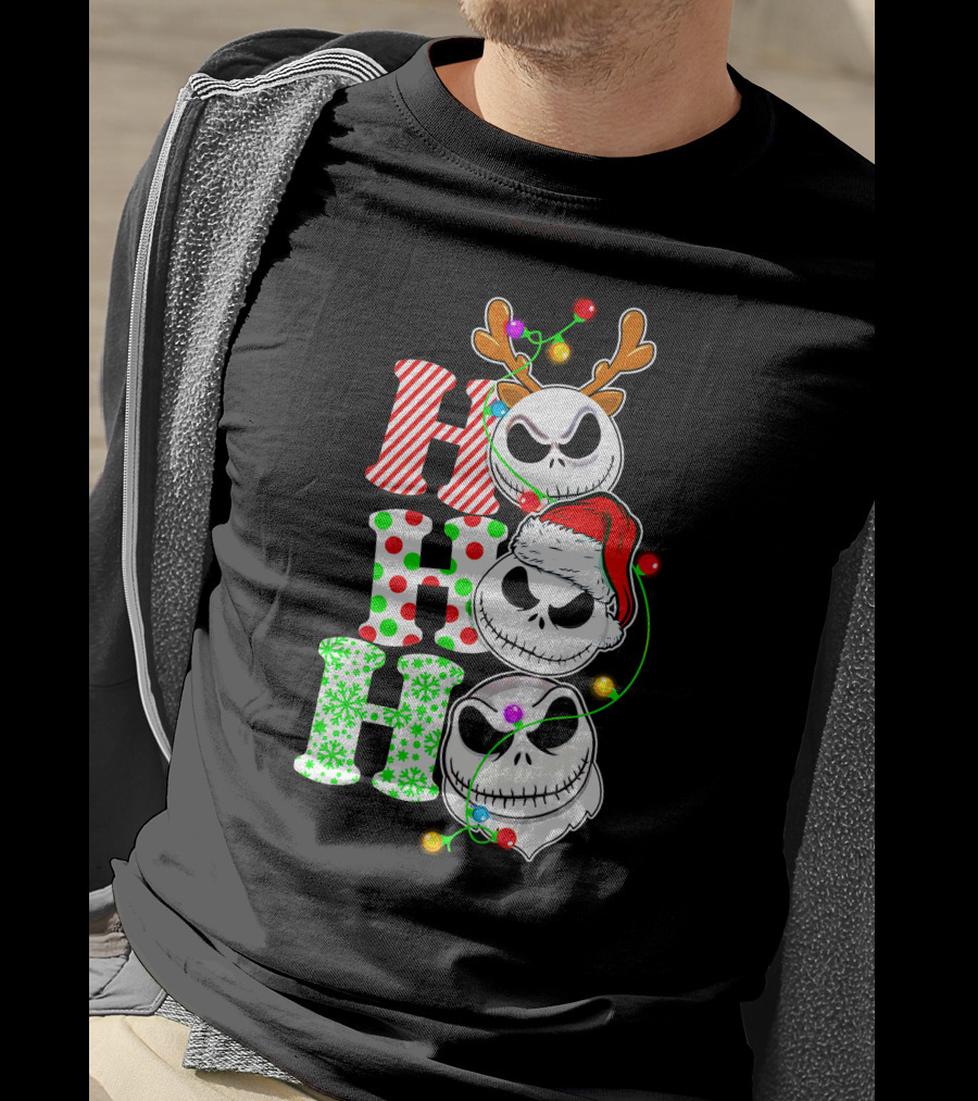 Ho Ho Ho Jack Skellington Christmas Lights Reindeer Antlers Santa Hat T-Shirt