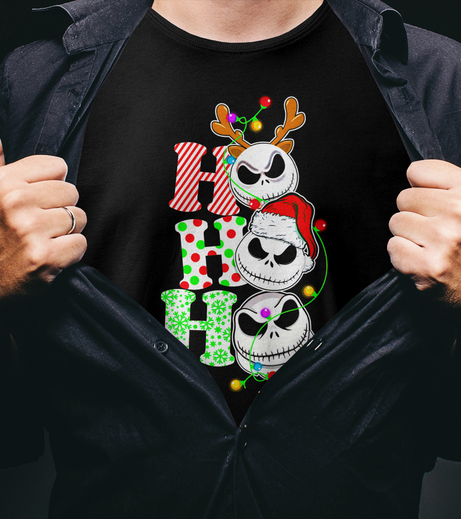 Ho Ho Ho Jack Skellington Christmas Lights Reindeer Antlers Santa Hat T-Shirt