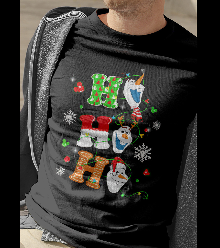H H H Olaf Snowman With Christmas Trees And Snowflakes Holiday Theme T-Shirt