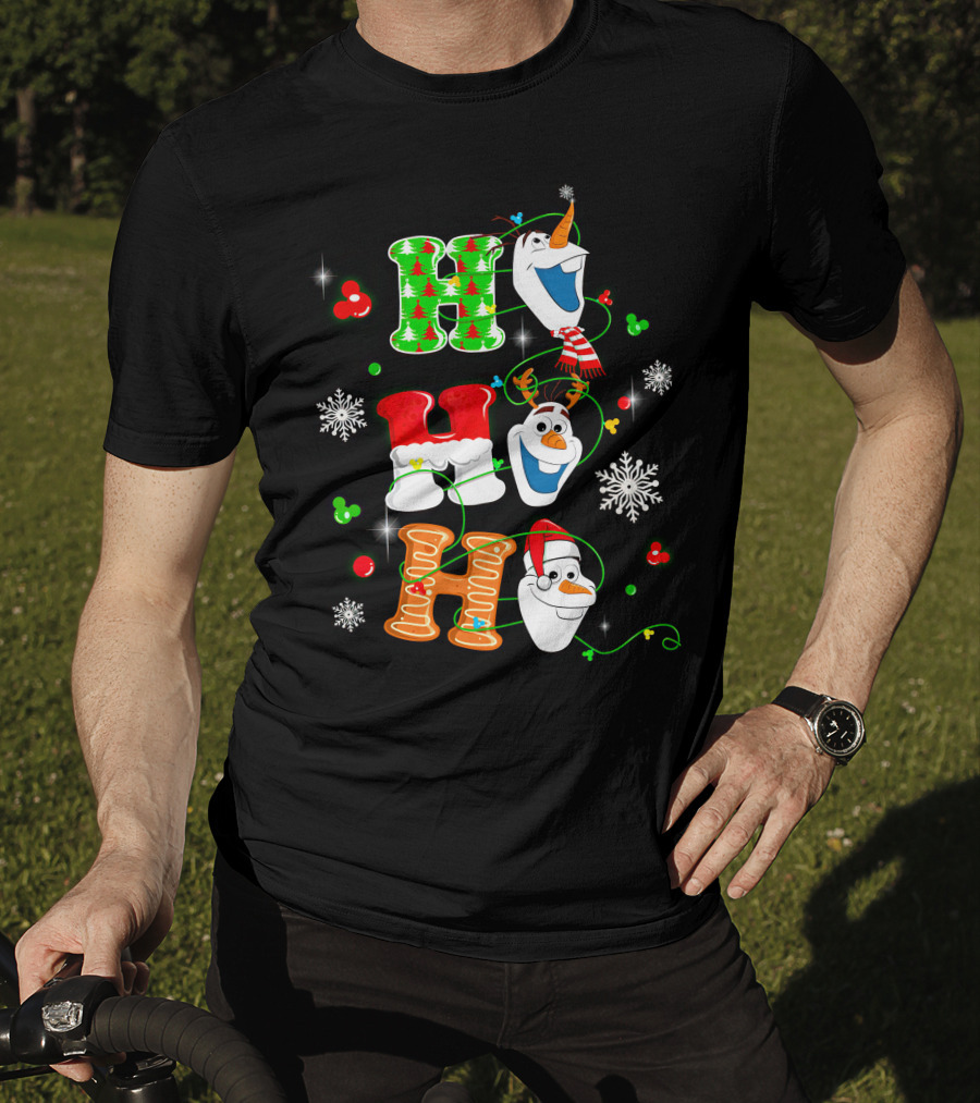 H H H Olaf Snowman With Christmas Trees And Snowflakes Holiday Theme T-Shirt