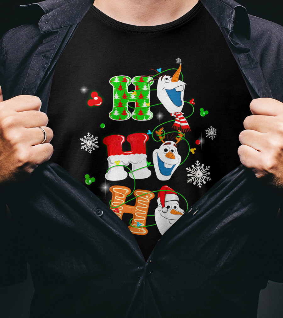 H H H Olaf Snowman With Christmas Trees And Snowflakes Holiday Theme T-Shirt