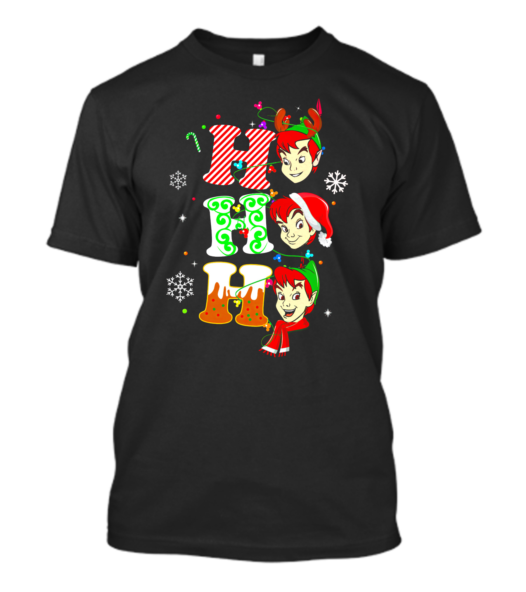 Peter Pan Holiday Cheer Ho Ho Ho Christmas Reindeer Santa Hat Scarf Snowflakes T-Shirt