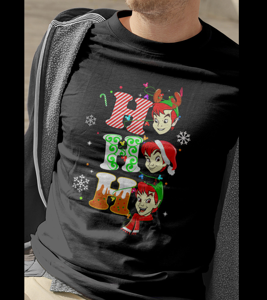 Peter Pan Holiday Cheer Ho Ho Ho Christmas Reindeer Santa Hat Scarf Snowflakes T-Shirt