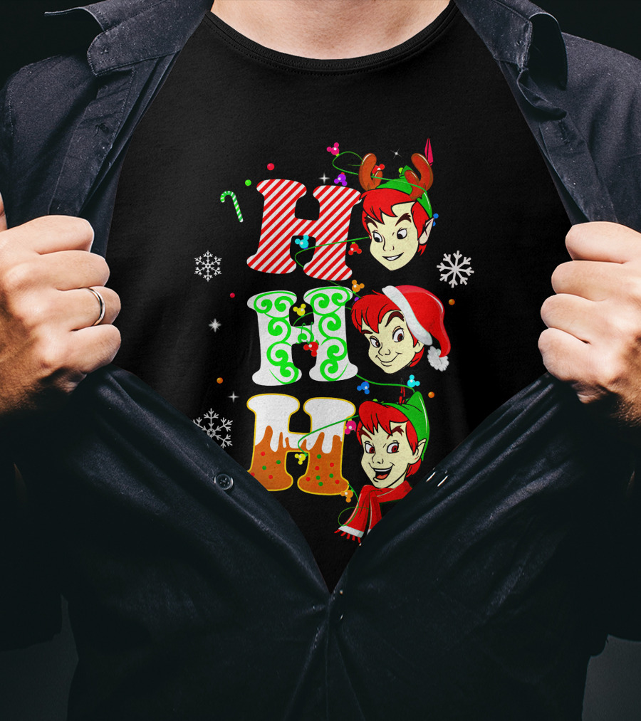 Peter Pan Holiday Cheer Ho Ho Ho Christmas Reindeer Santa Hat Scarf Snowflakes T-Shirt