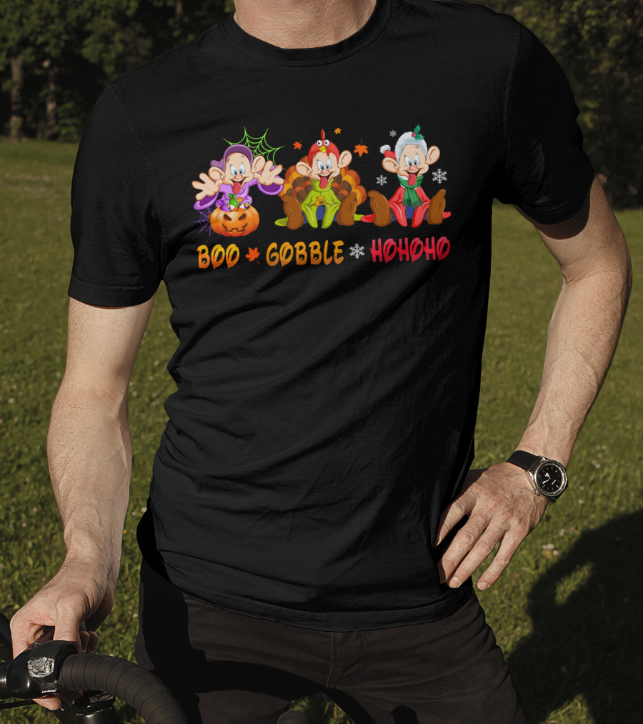 Boo Gobble Hohoho Dopey Halloween Thanksgiving Christmas Holiday Trio T-Shirt