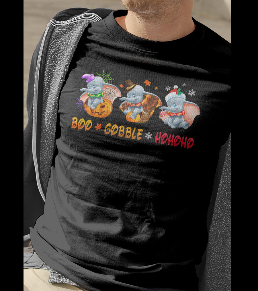 Boo Gobble Hohoho Dumbo Halloween Thanksgiving Christmas T-Shirt