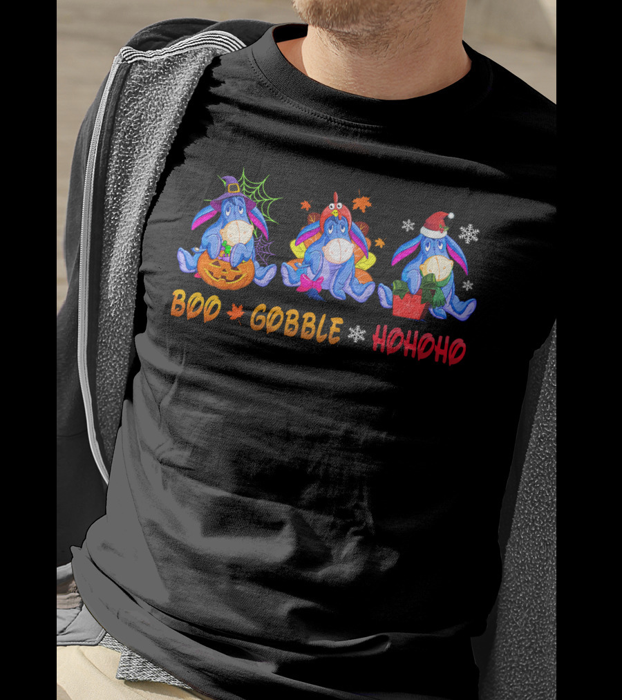Boo Gobble Hohoho Eeyore Halloween Thanksgiving Christmas T-Shirt