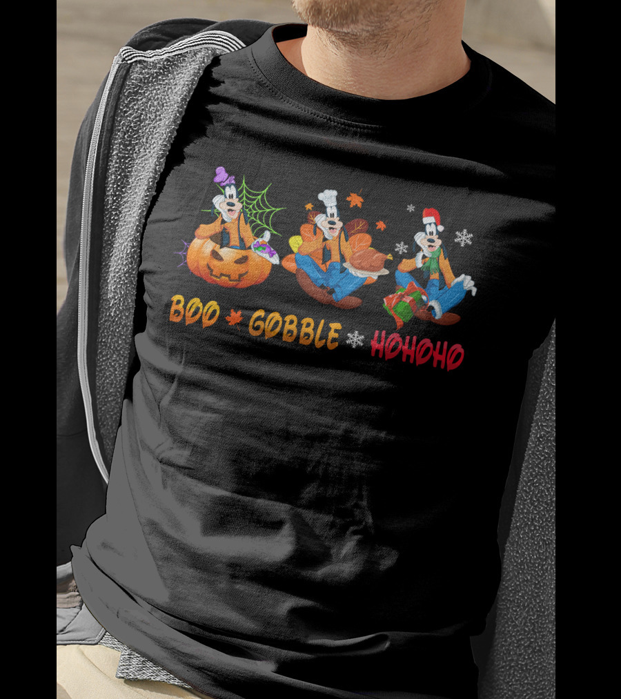 Boo Gobble Hohoho Goofy Halloween Thanksgiving Christmas T-Shirt