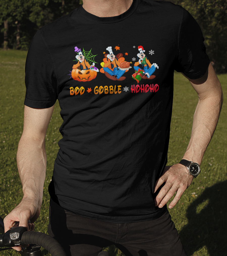 Boo Gobble Hohoho Goofy Halloween Thanksgiving Christmas T-Shirt