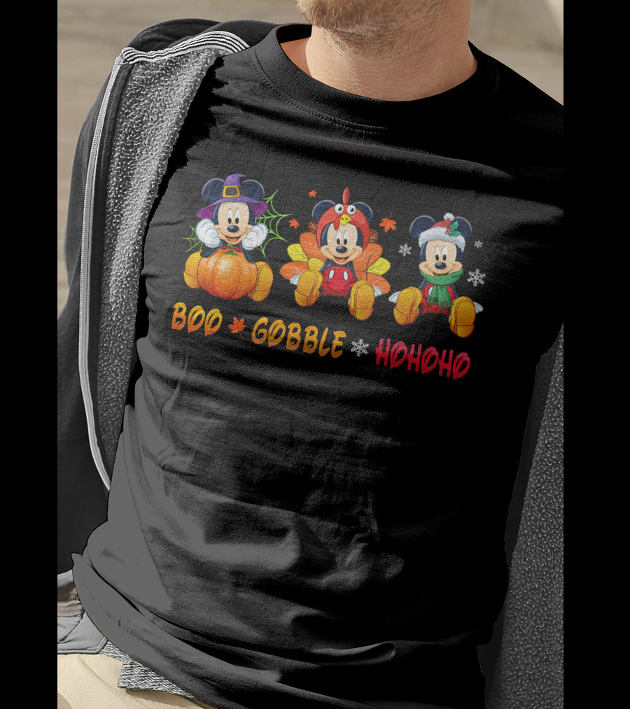 Boo Gobble Ho Ho Ho Mickey Halloween Thanksgiving Christmas T-Shirt