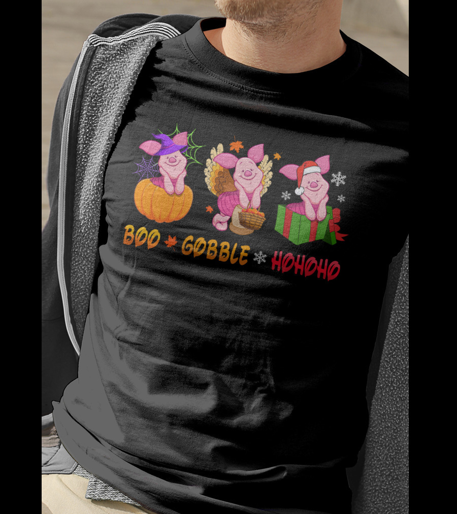 Boo Gobble Hohoho Piglet Halloween Thanksgiving Christmas T-Shirt
