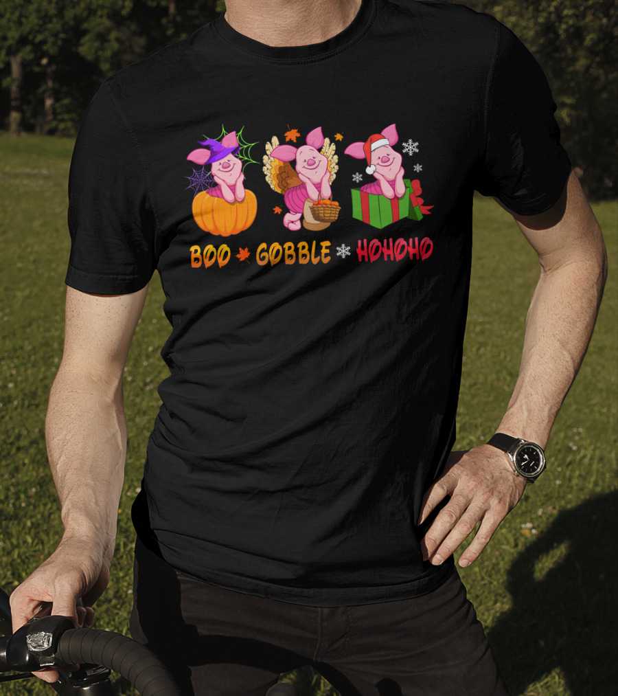 Boo Gobble Hohoho Piglet Halloween Thanksgiving Christmas T-Shirt