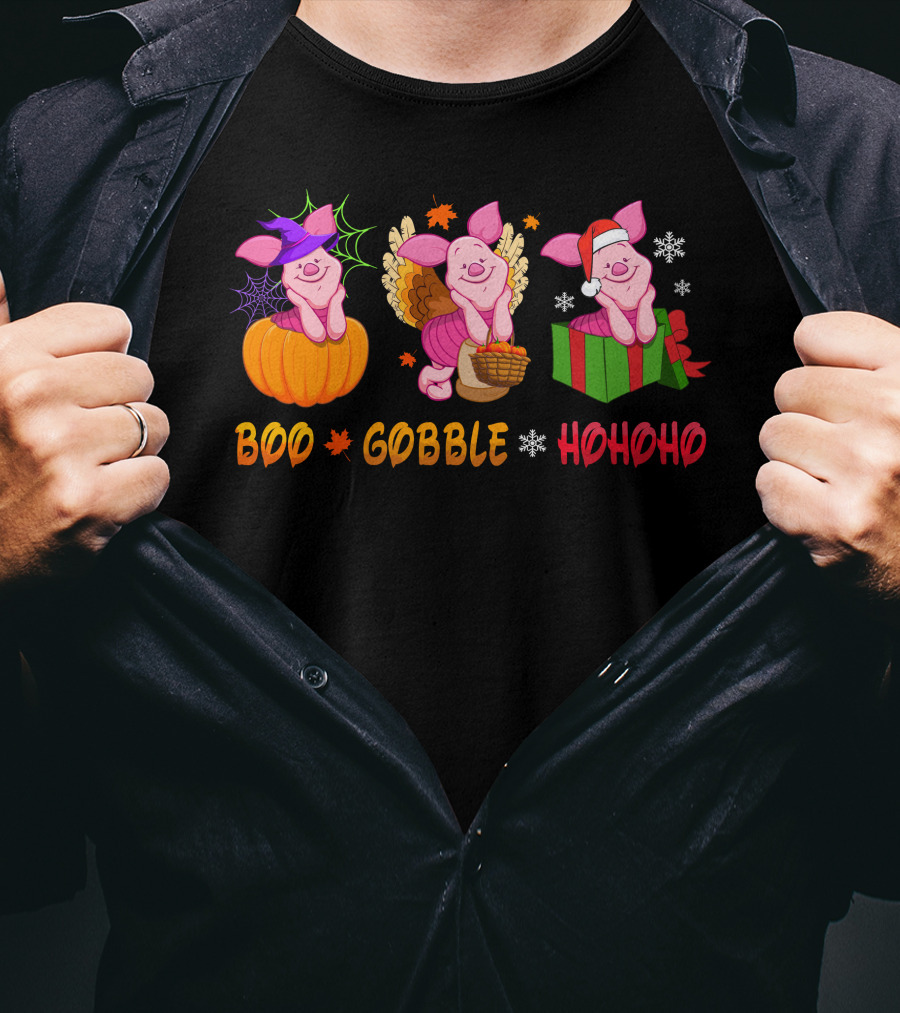 Boo Gobble Hohoho Piglet Halloween Thanksgiving Christmas T-Shirt