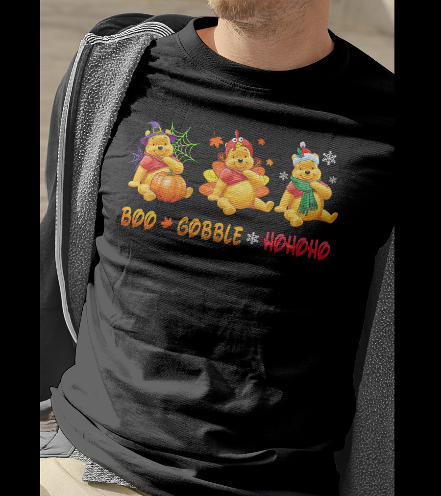 Boo Gobble Hohoho Pooh Halloween Thanksgiving Christmas T-Shirt