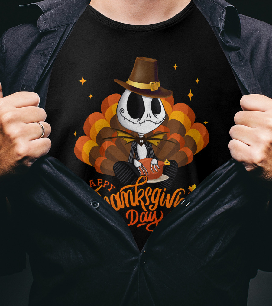 Happy Thanksgiving Day Jack Skellington With Pumpkin Turkey Hat T-Shirt