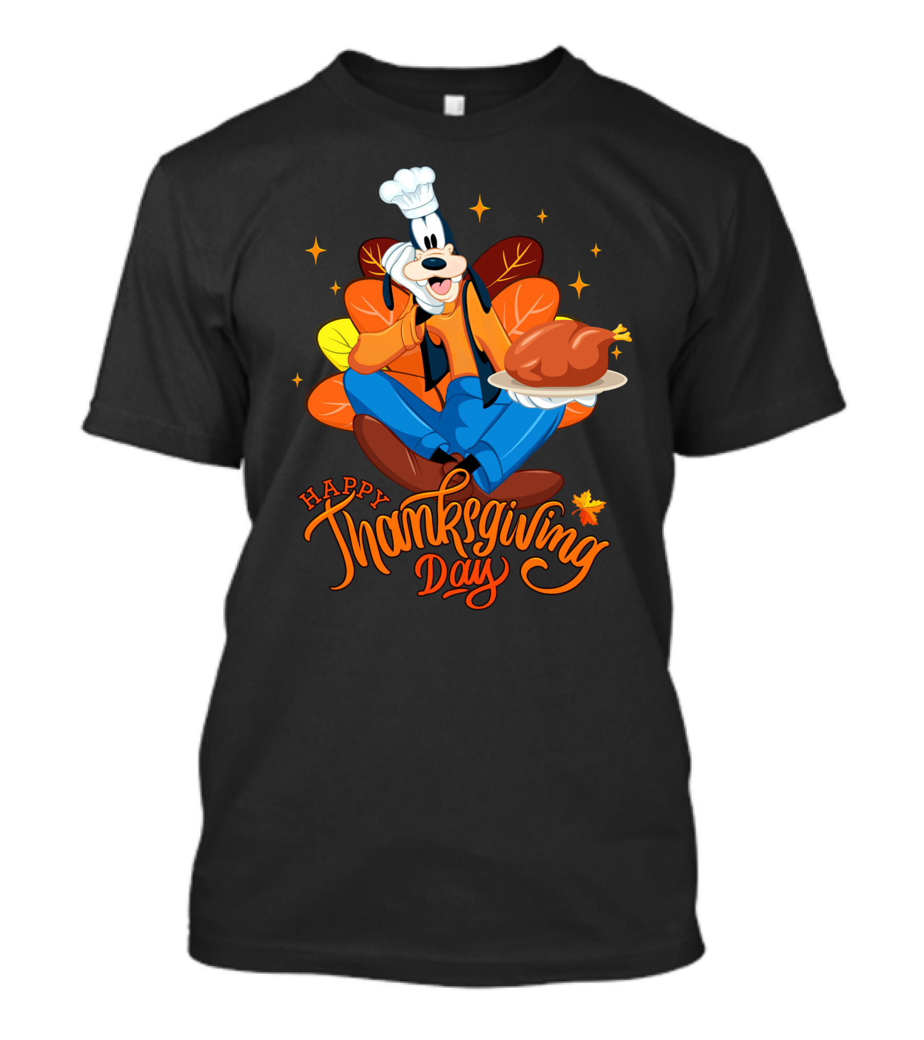 Goofy Happy Thanksgiving Day Chef With Turkey And Autumn Leaves T-Shirt