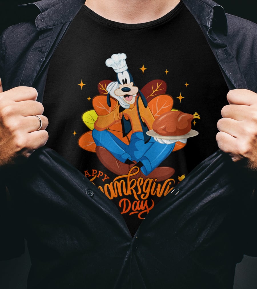 Goofy Happy Thanksgiving Day Chef With Turkey And Autumn Leaves T-Shirt