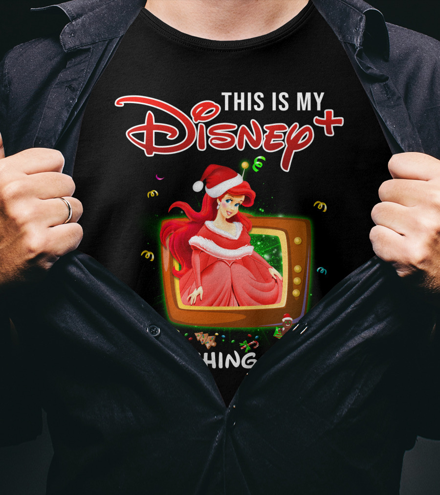 This Is My Disney+ Watching Shirt Ariel Holiday Santa Hat T-Shirt