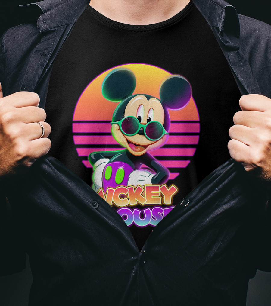 Mickey Mouse Retro Neon Style Sunglasses Sunset T-Shirt