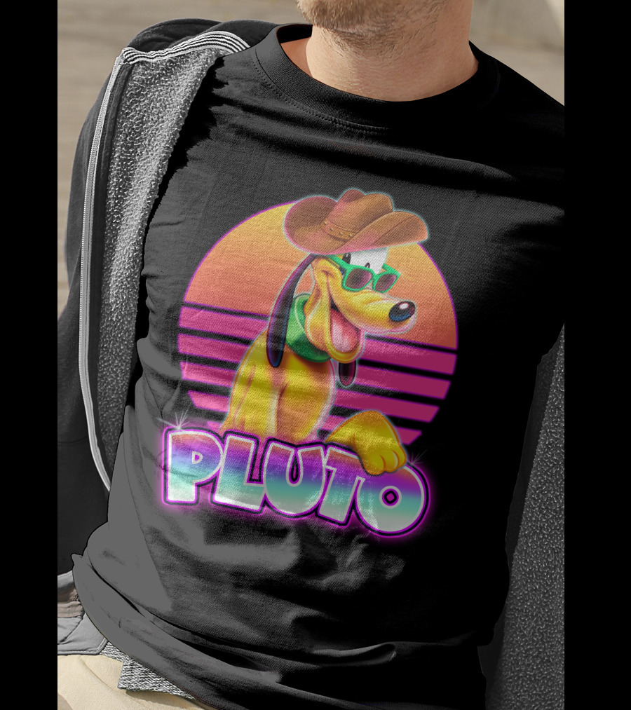 Pluto Retro Sunset Neon Style With Sunglasses And Cowboy Hat T-Shirt