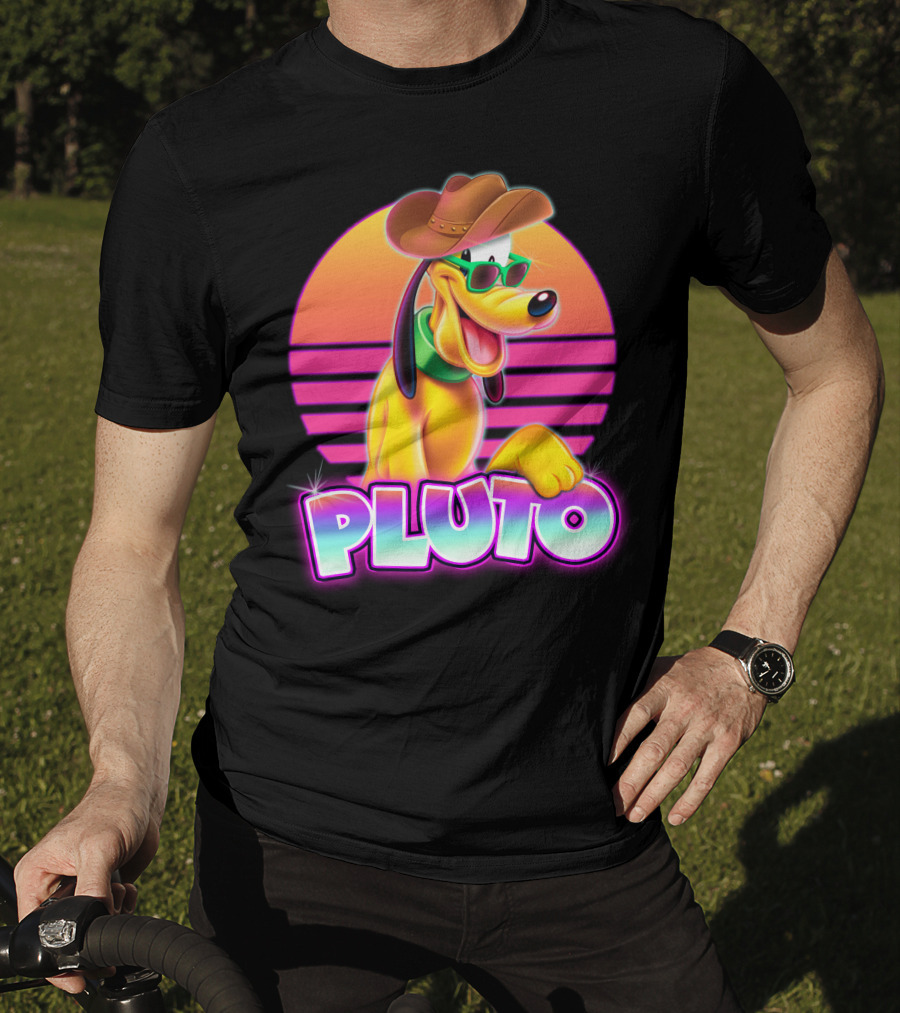 Pluto Retro Sunset Neon Style With Sunglasses And Cowboy Hat T-Shirt