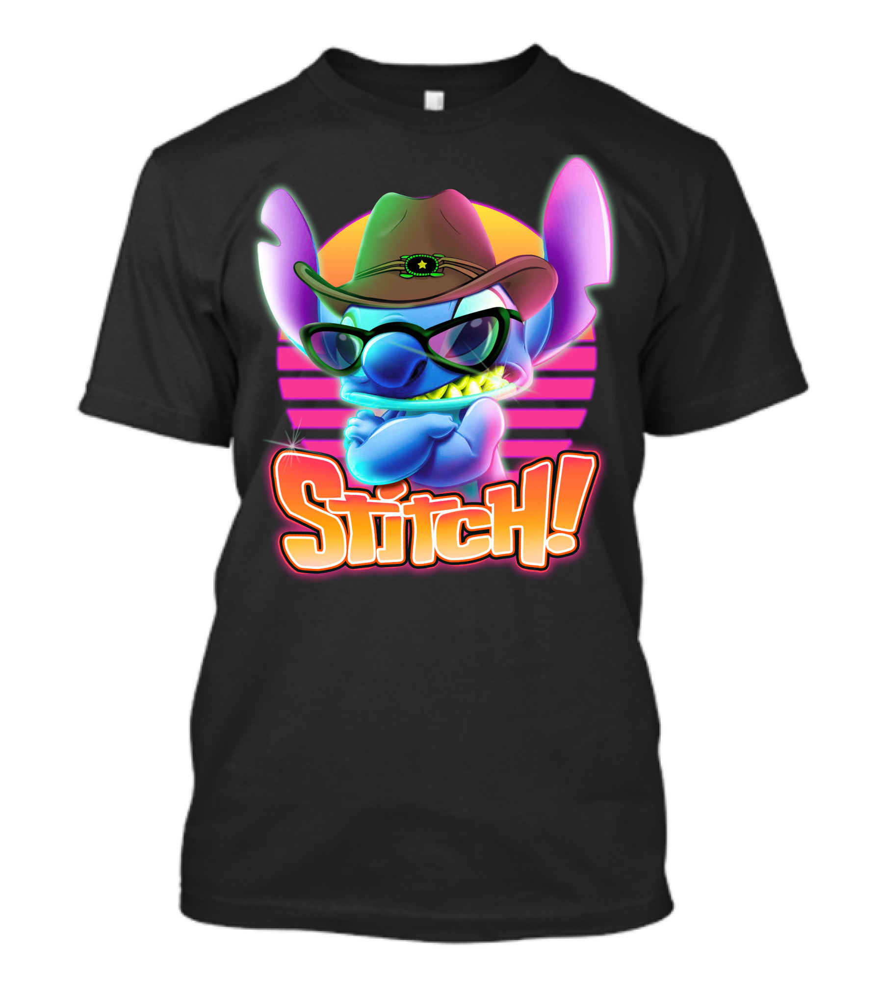 Stitch Neon Retro Cowboy Style With Sunglasses T-Shirt