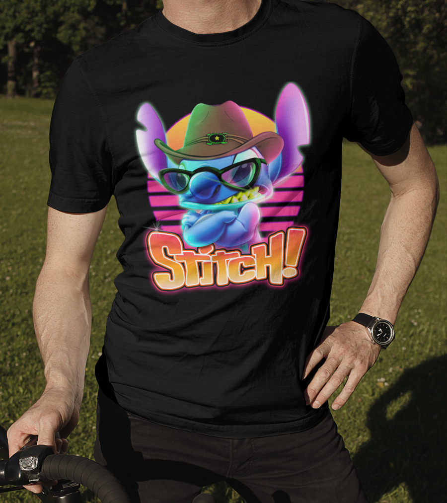 Stitch Neon Retro Cowboy Style With Sunglasses T-Shirt