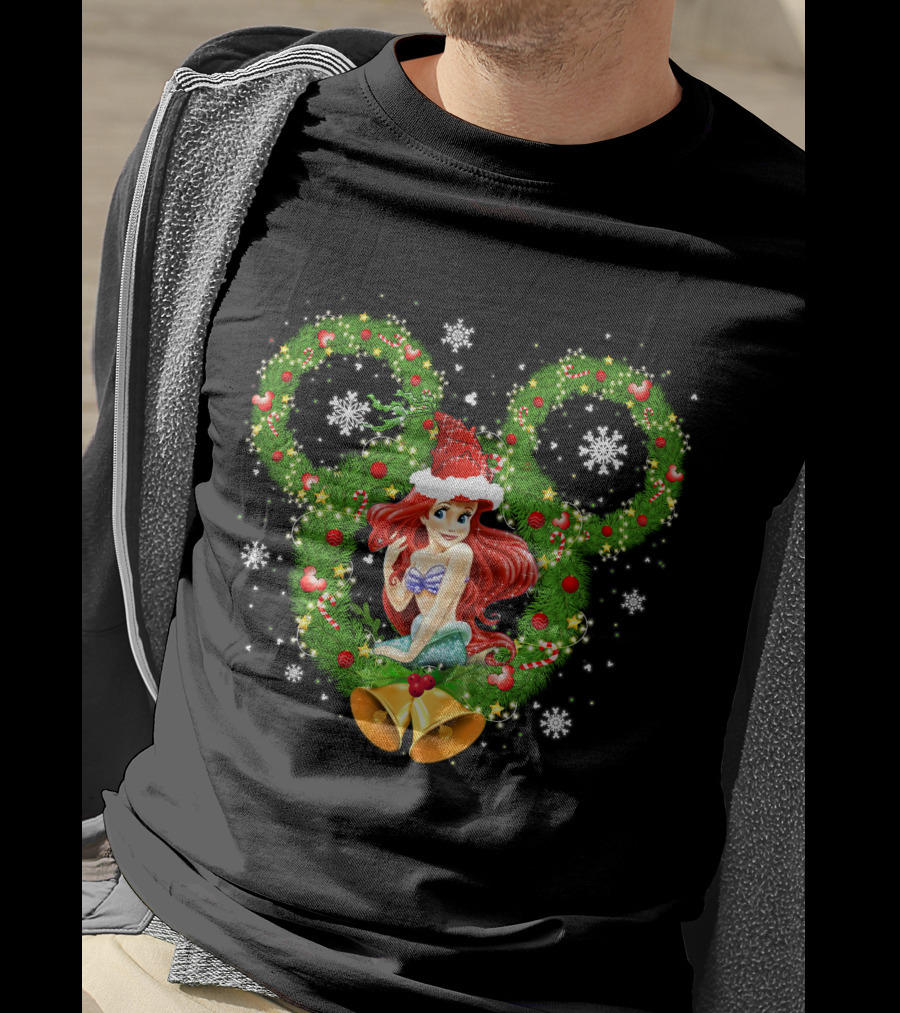 Ariel Christmas Holiday Wreath With Mickey Ears And Festive Bells T-Shirt