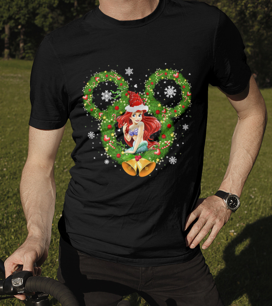 Ariel Christmas Holiday Wreath With Mickey Ears And Festive Bells T-Shirt