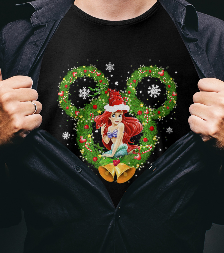 Ariel Christmas Holiday Wreath With Mickey Ears And Festive Bells T-Shirt