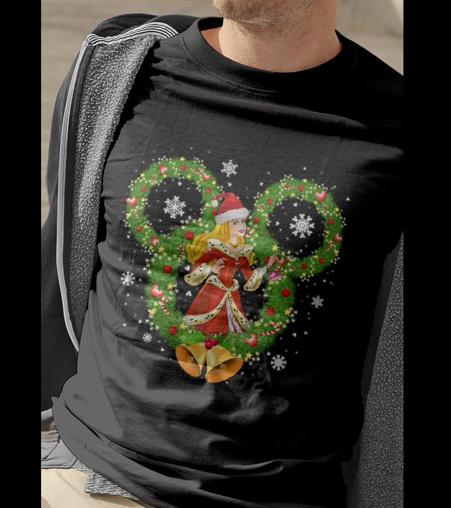 Aurora Christmas Wreath With Santa Hat And Bells Mickey Icon Snowflakes T-Shirt