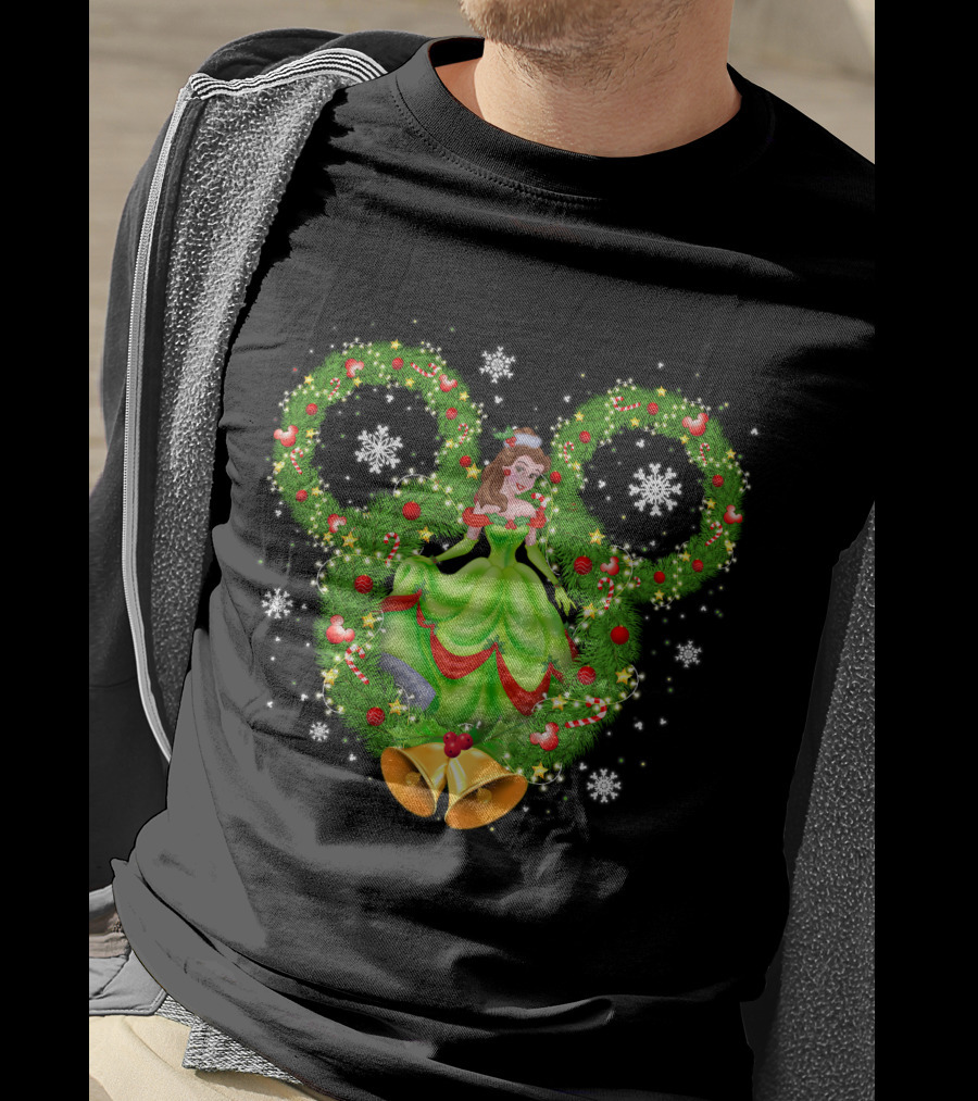 Belle Christmas Wreath Mickey Ears Snowflakes And Bells T-Shirt