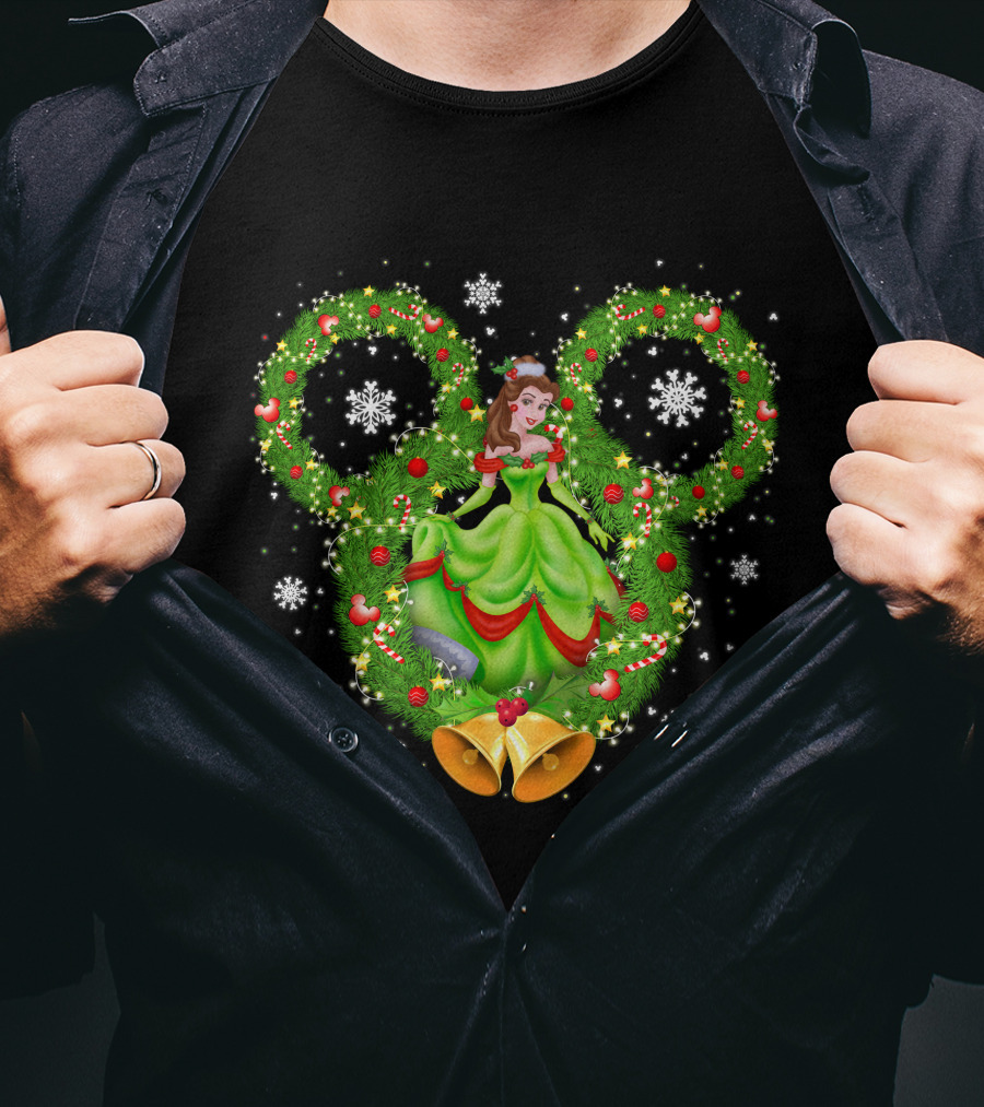 Belle Christmas Wreath Mickey Ears Snowflakes And Bells T-Shirt