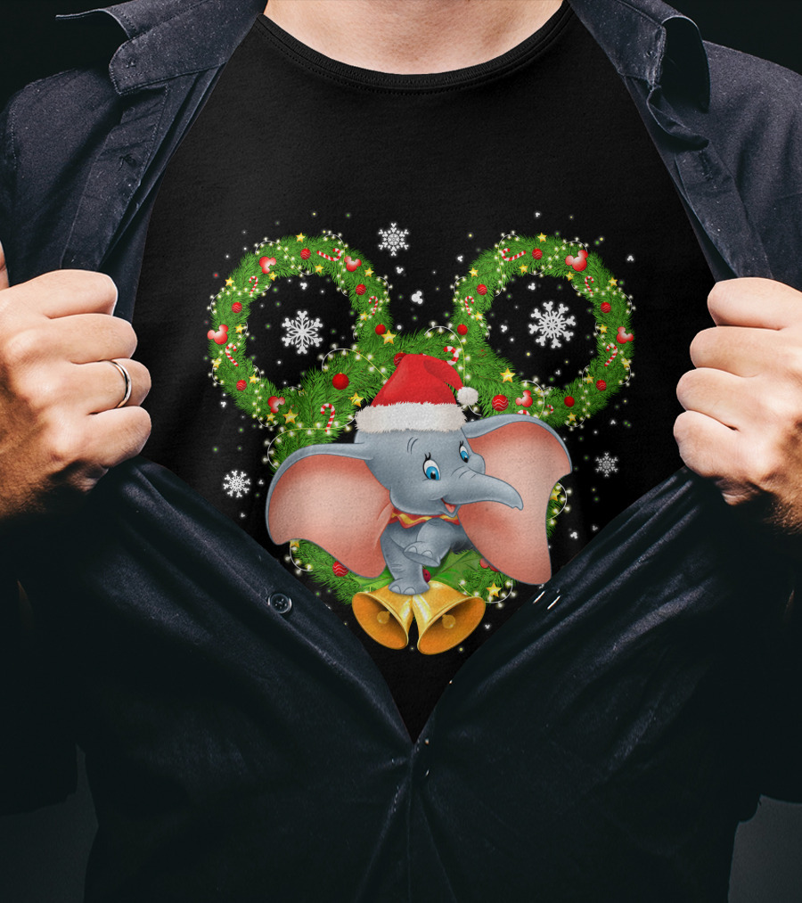 Dumbo Christmas Santa Hat Holiday Wreath Snowflakes T-Shirt