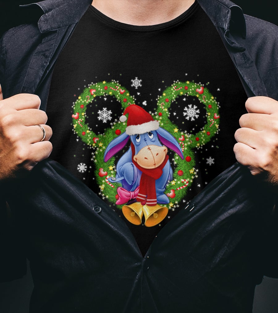 Eeyore Christmas Mickey Ears Wreath Snowflakes Santa Hat T-Shirt