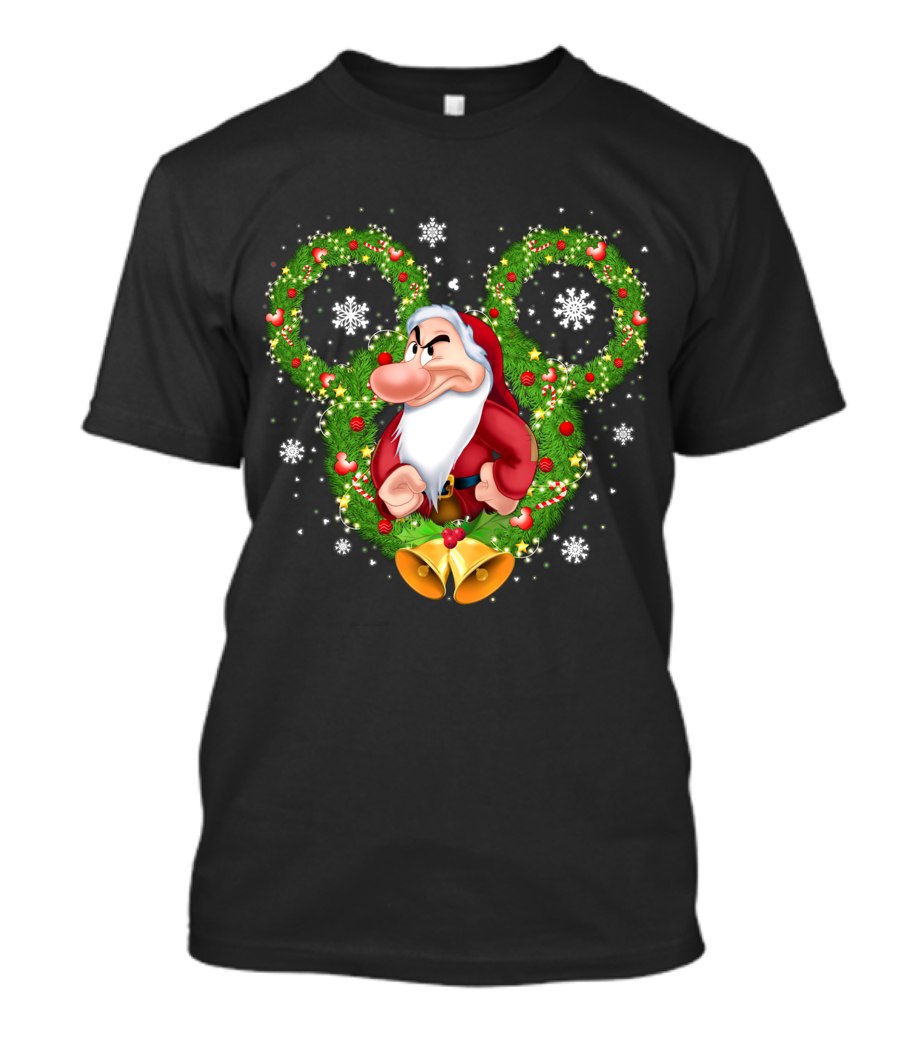 Grumpy Santa Dwarf In Wreath With Snowflakes And Bells T-Shirt