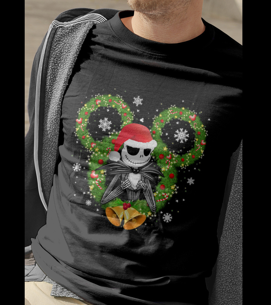 Jack Skellington Santa Hat Christmas Wreath Mickey Ears T-Shirt