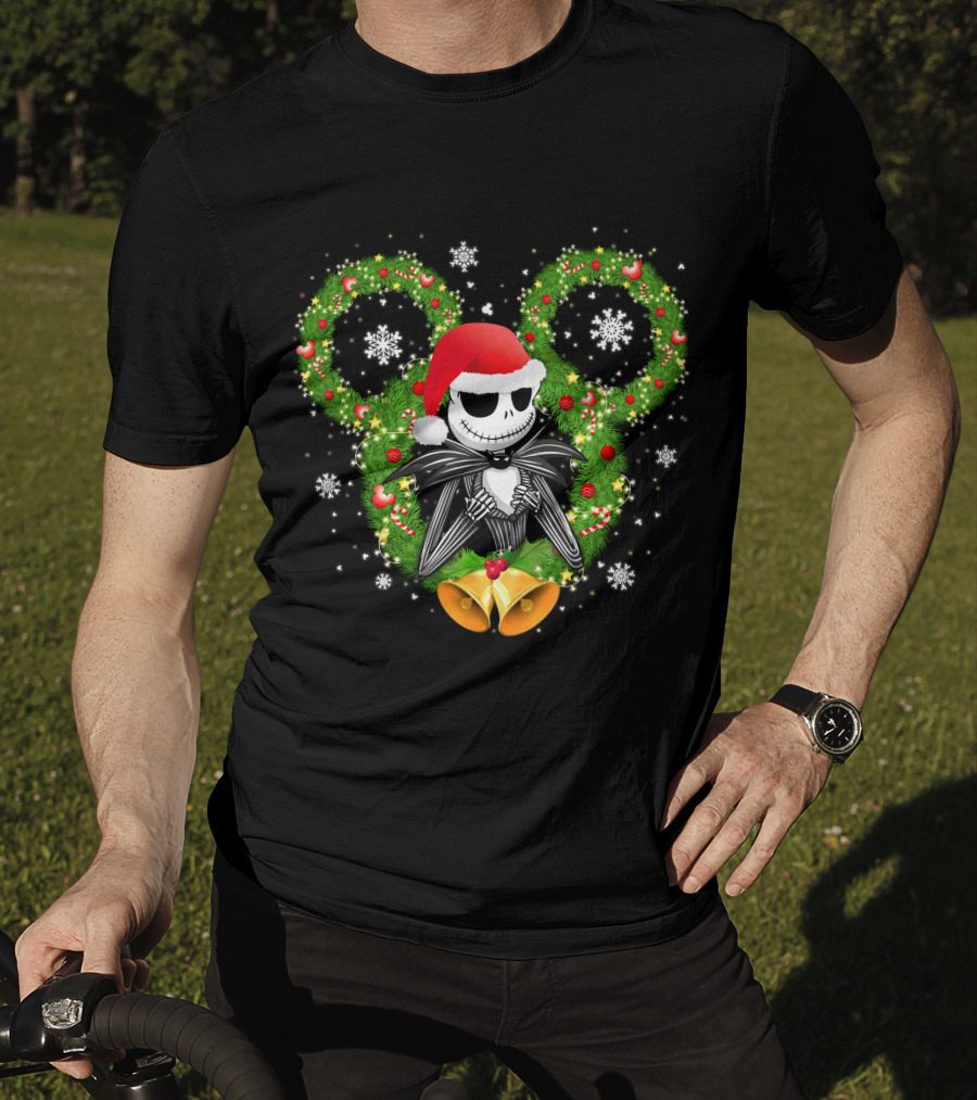 Jack Skellington Santa Hat Christmas Wreath Mickey Ears T-Shirt