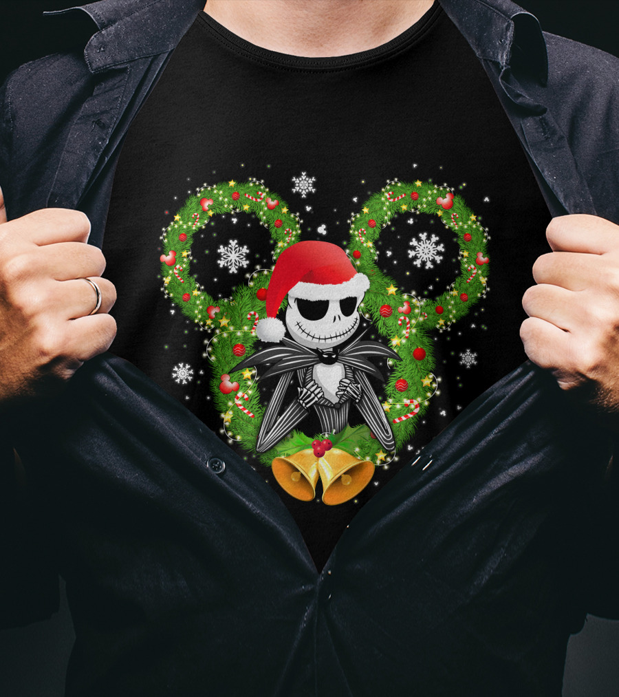Jack Skellington Santa Hat Christmas Wreath Mickey Ears T-Shirt