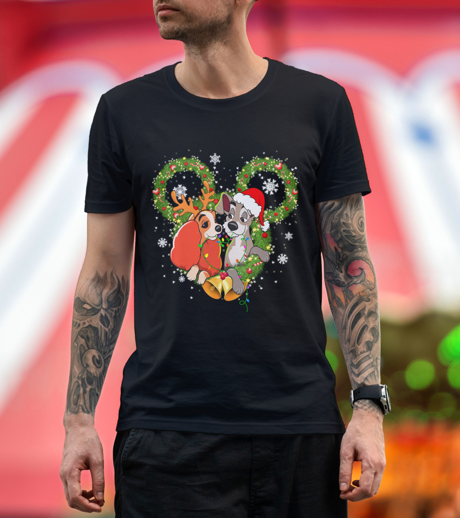 Lady And The Tramp Christmas Wreath Mickey Ears Snowflakes T-Shirt