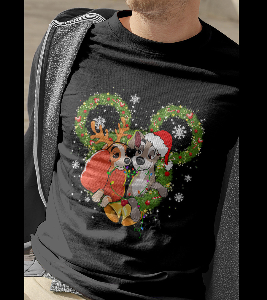 Lady And The Tramp Christmas Wreath Mickey Ears Snowflakes T-Shirt