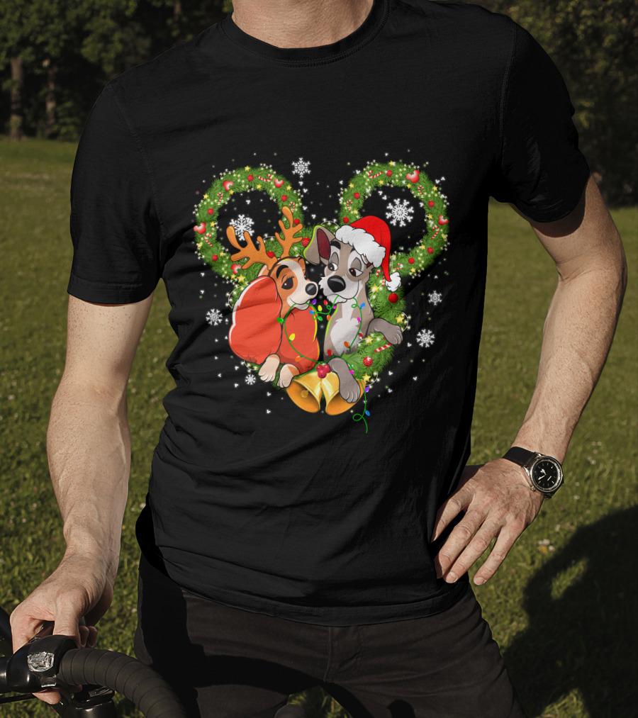 Lady And The Tramp Christmas Wreath Mickey Ears Snowflakes T-Shirt