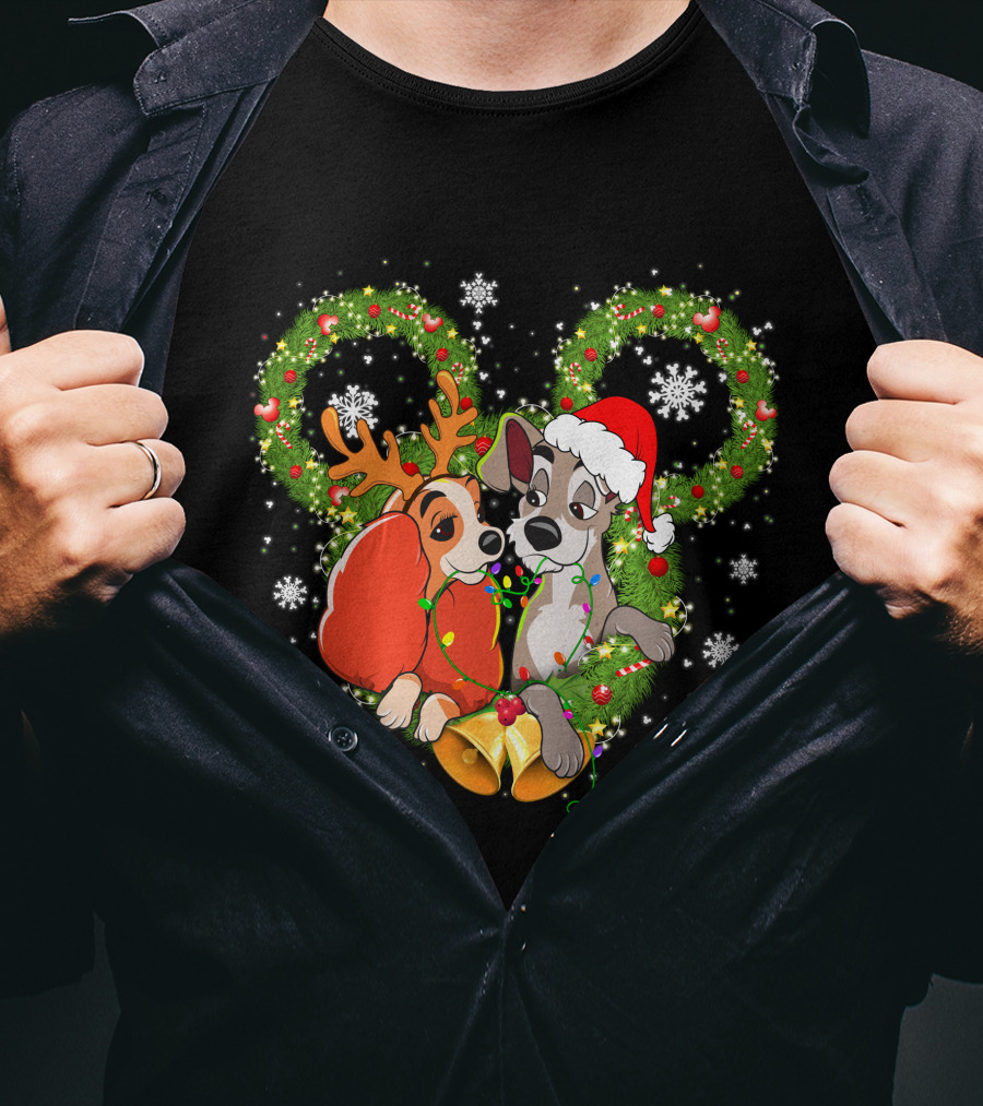 Lady And The Tramp Christmas Wreath Mickey Ears Snowflakes T-Shirt